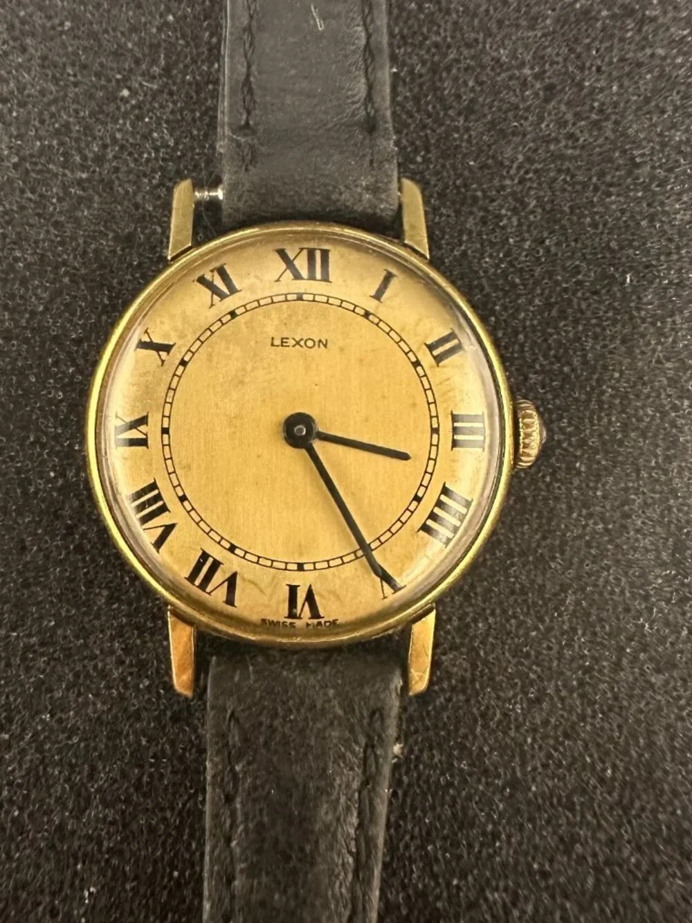 Vintage Lexon Watch Women Gold Tone 24MM Black Leather Band Manual Wind 7.5